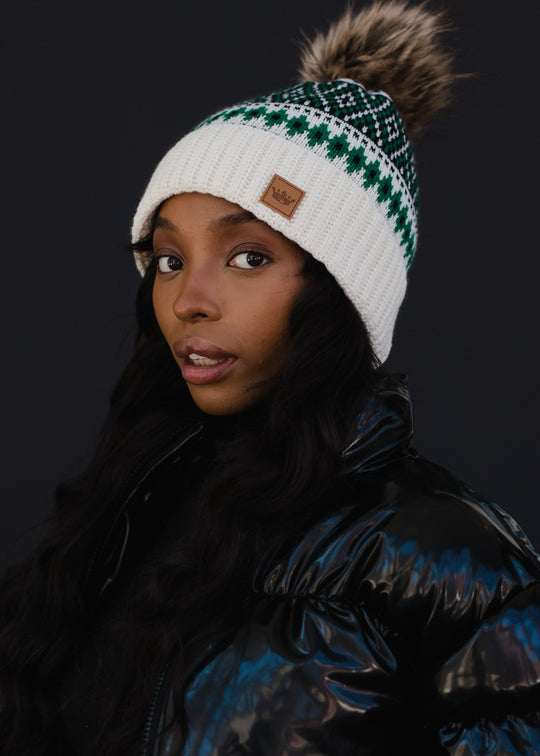 green and white pom knit hat