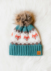 Fox Pattern Pom Hat - Blue