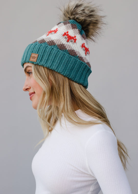 Fox Pattern Pom Hat - Blue