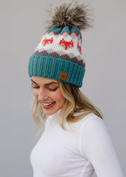 Fox Pattern Pom Hat - Blue