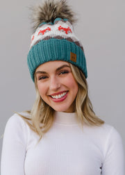 Fox Pattern Pom Hat - Blue