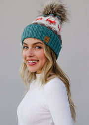 Fox Pattern Pom Hat - Blue