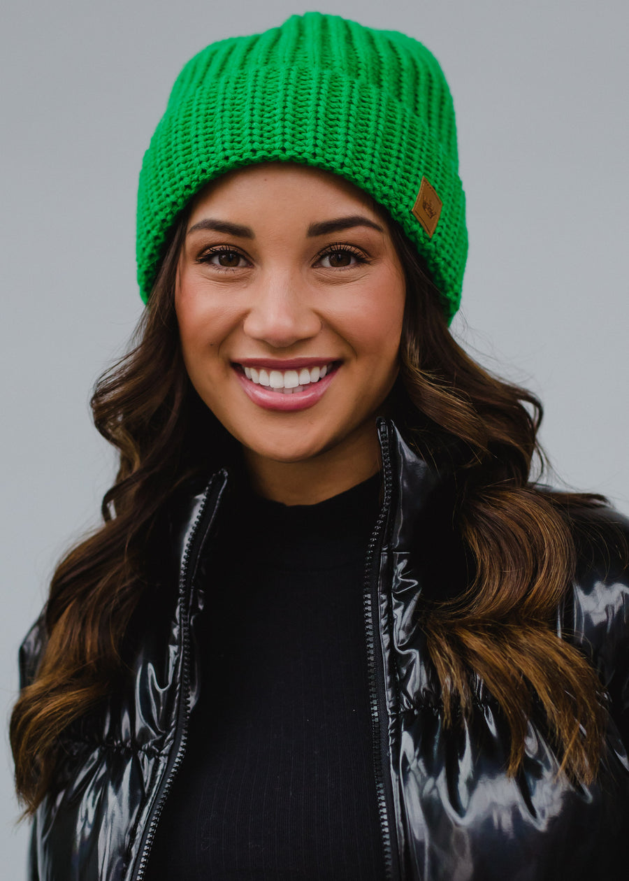 bright green knit beanie