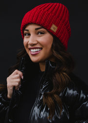 red rolled cuff knit beanie