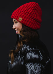 red womens winter hat rolled cuff