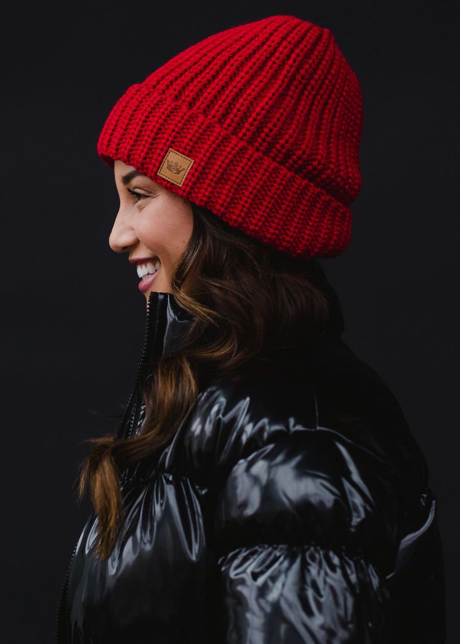 red womens winter hat rolled cuff