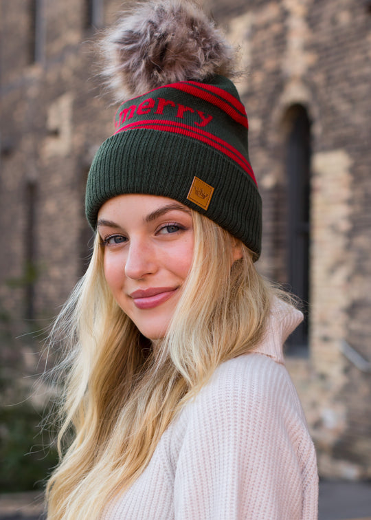 Olive & Red Be Merry Pom Hat
