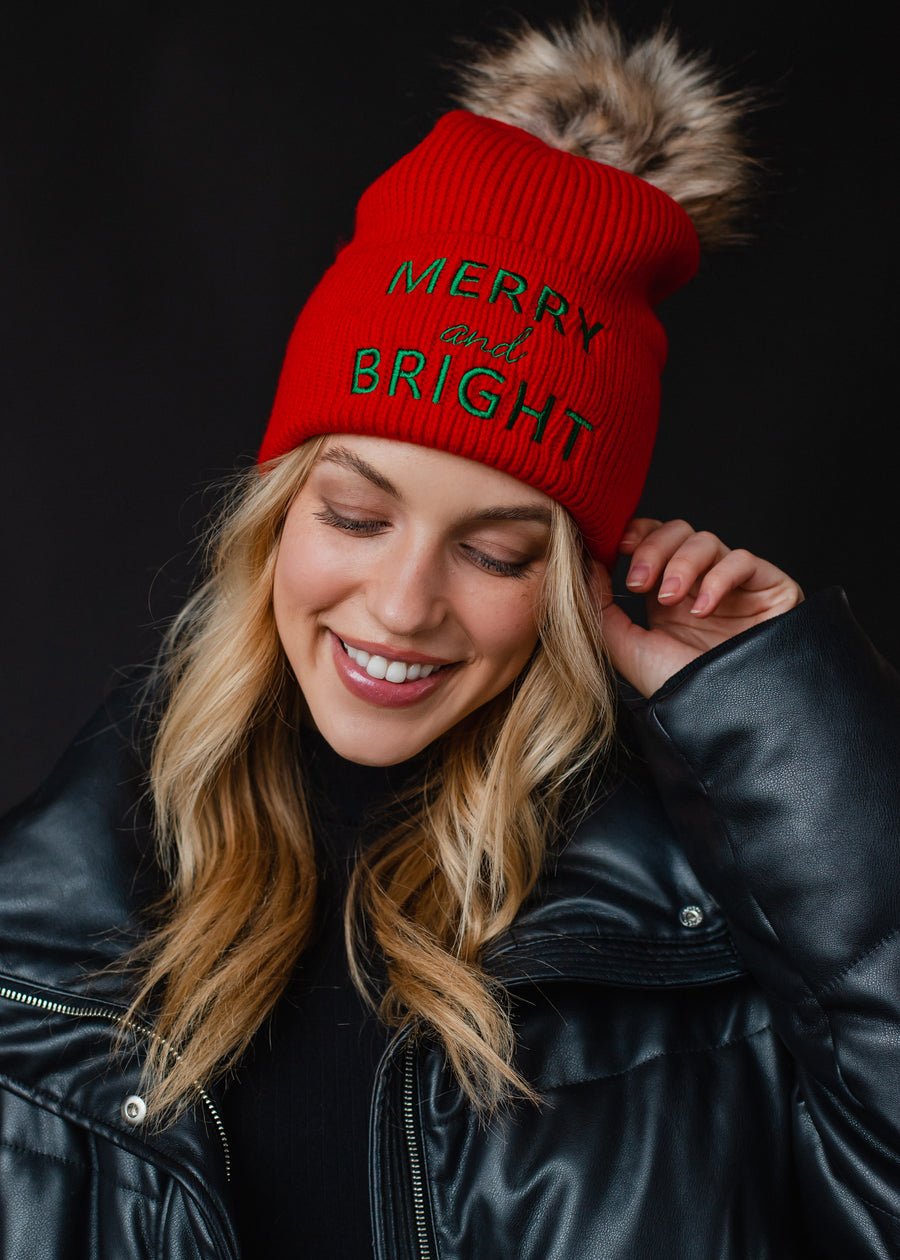 Merry & Bright Pom Hat - Red & Green