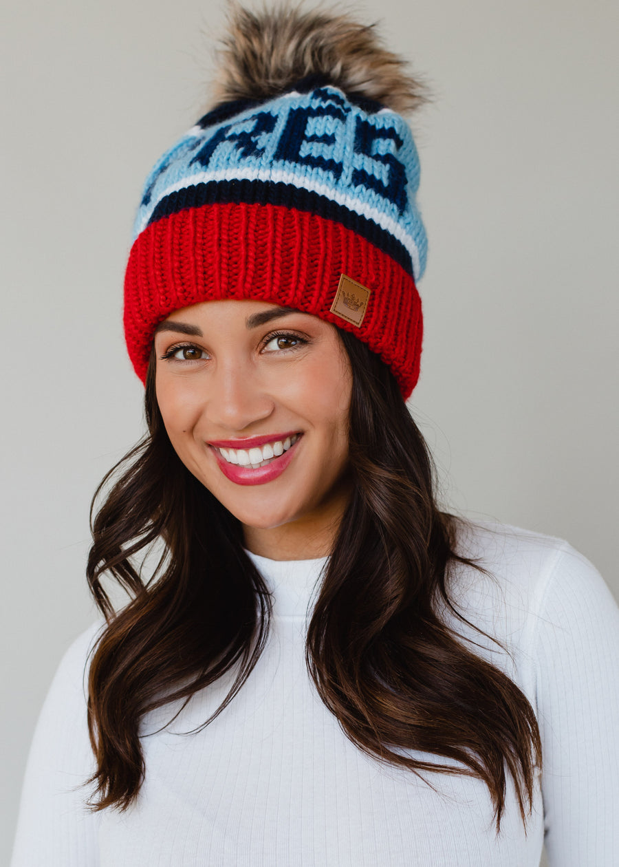 At The Chateau Pom Hat - Red & Navy