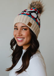 Penguin Pattern Pom Hat - Red