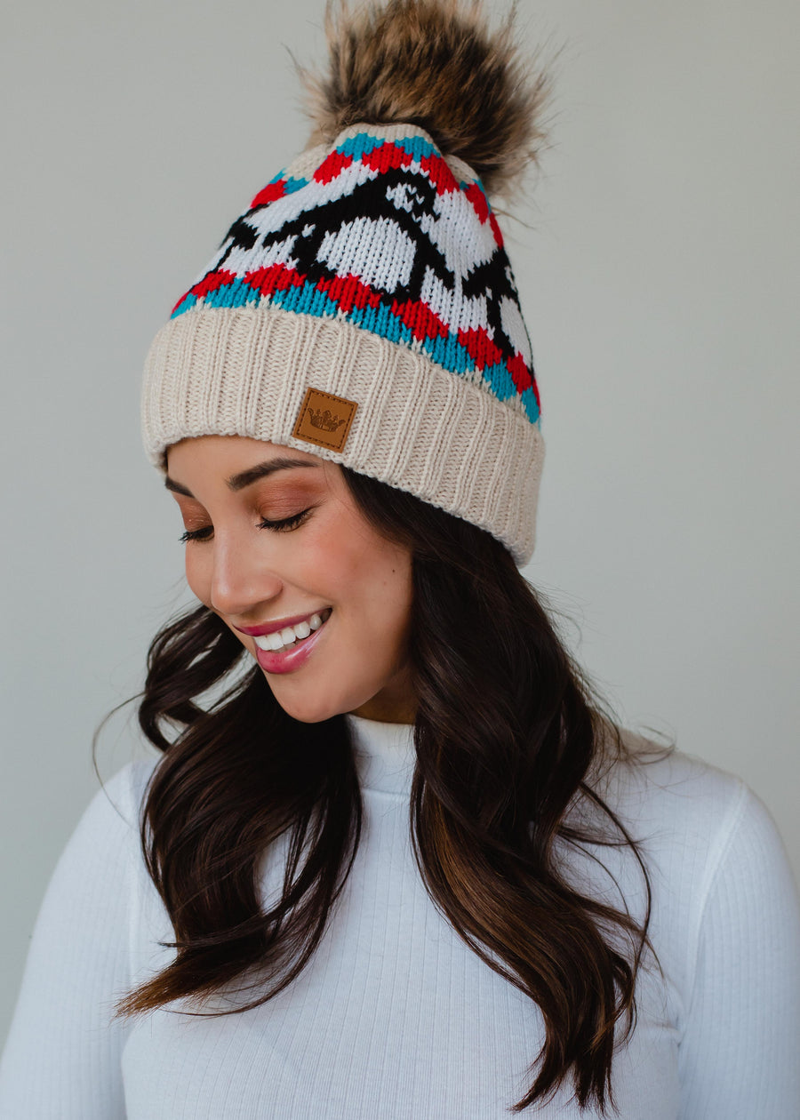 Penguin Pattern Pom Hat - Red