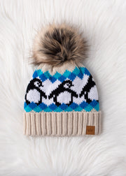 Penguin Patterned Pom Hat - Blue