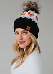 Fox Pattern Pom Hat - Navy