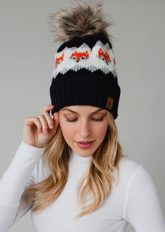 Fox Pattern Pom Hat - Navy