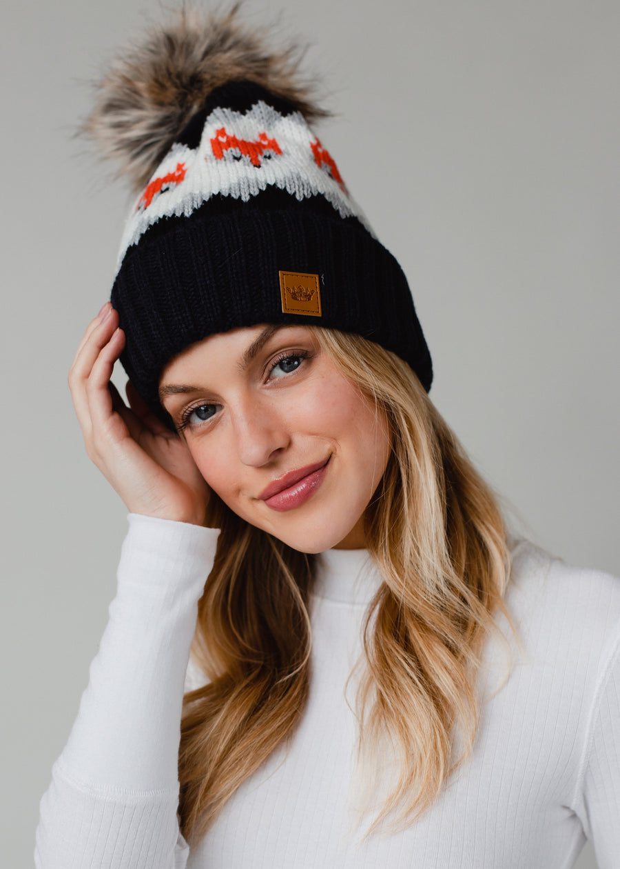 Fox Pattern Pom Hat - Navy