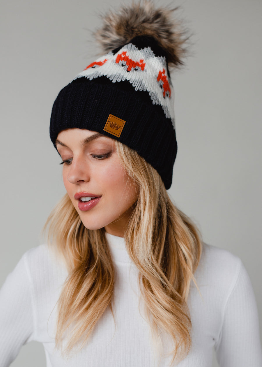 Fox Pattern Pom Hat - Navy