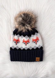 Fox Pattern Pom Hat - Navy