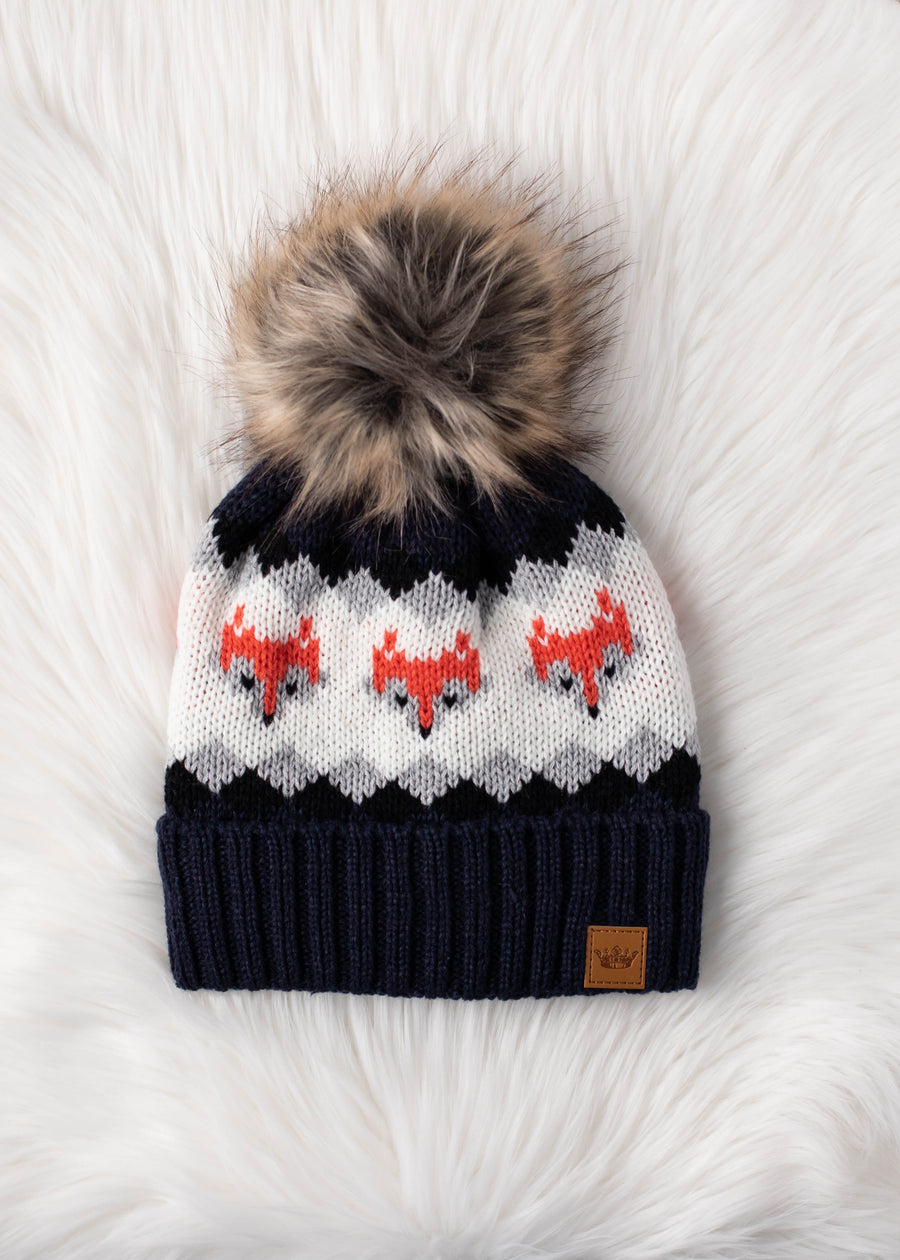 Fox Pattern Pom Hat - Navy