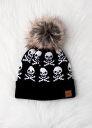 Skull Pattern Pom Hat - Black