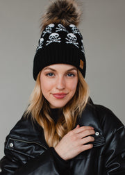 Skull Pattern Pom Hat - Black