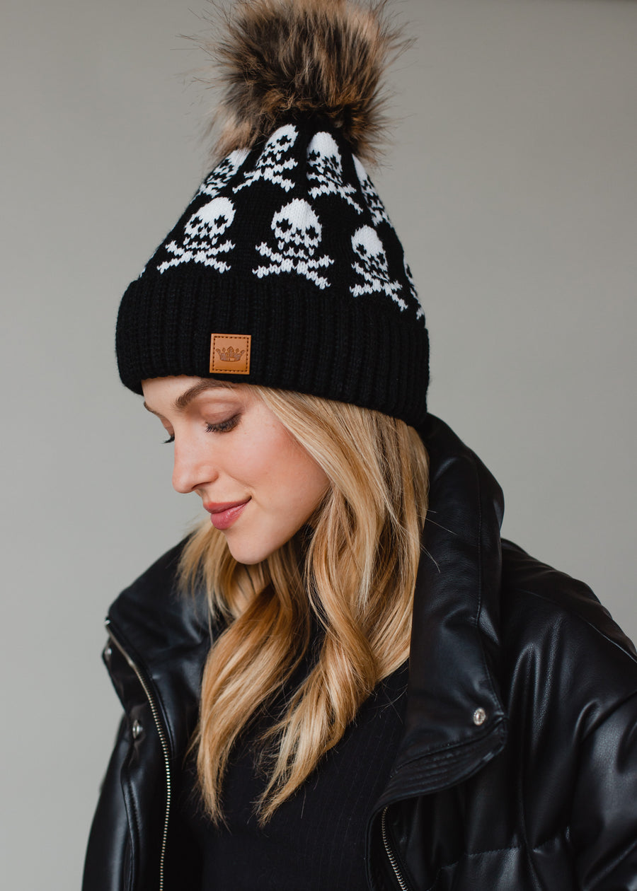 Skull Pattern Pom Hat - Black