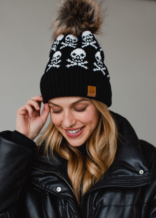 Skull Pattern Pom Hat - Black