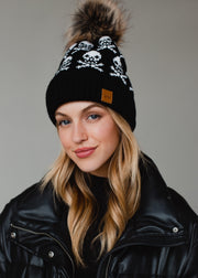 Skull Pattern Pom Hat - Black