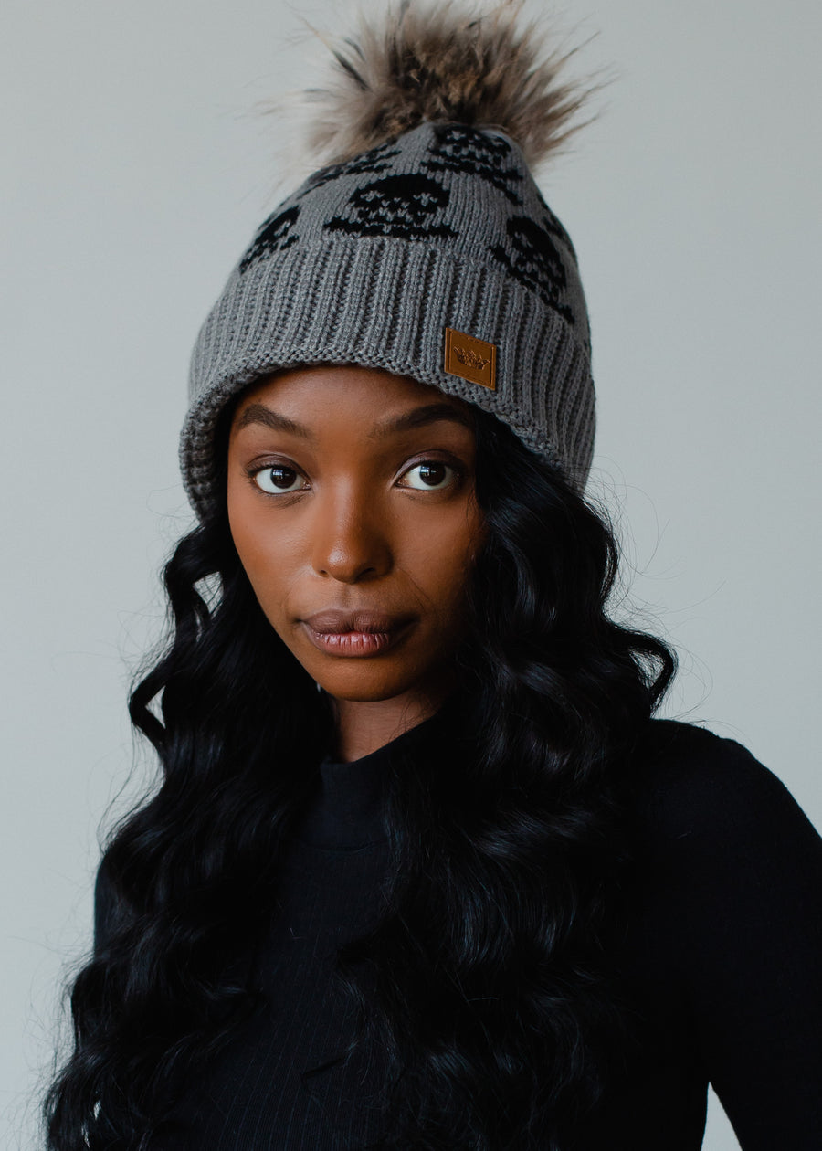 Skull Pattern Pom Hat - Gray