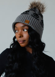 Skull Pattern Pom Hat - Gray