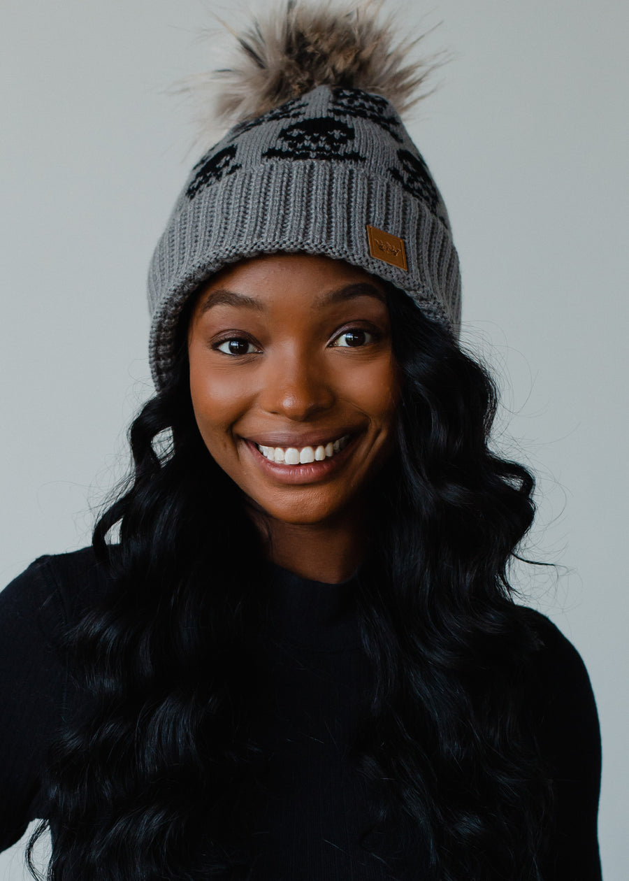 Skull Pattern Pom Hat - Gray