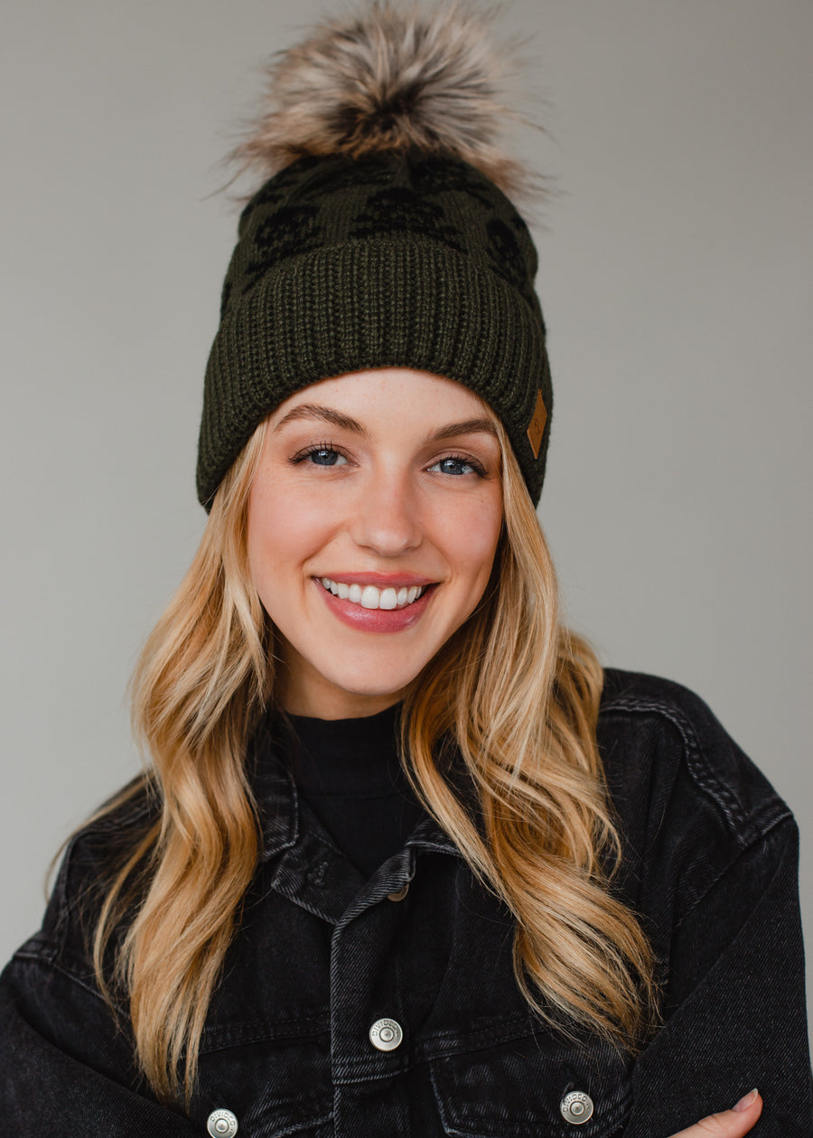 Skull Pattern Pom Hat - Olive