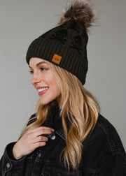 Skull Pattern Pom Hat - Olive