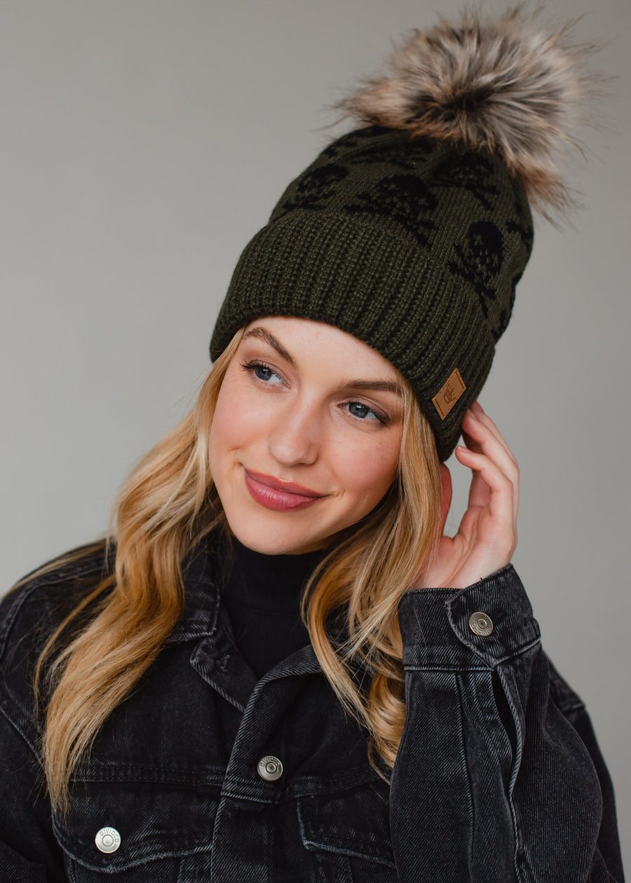 Skull Pattern Pom Hat - Olive