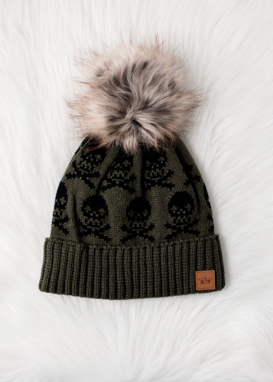 Skull Pattern Pom Hat - Olive