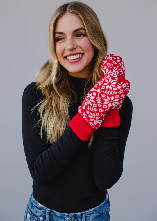 Snowflake Mittens - Red