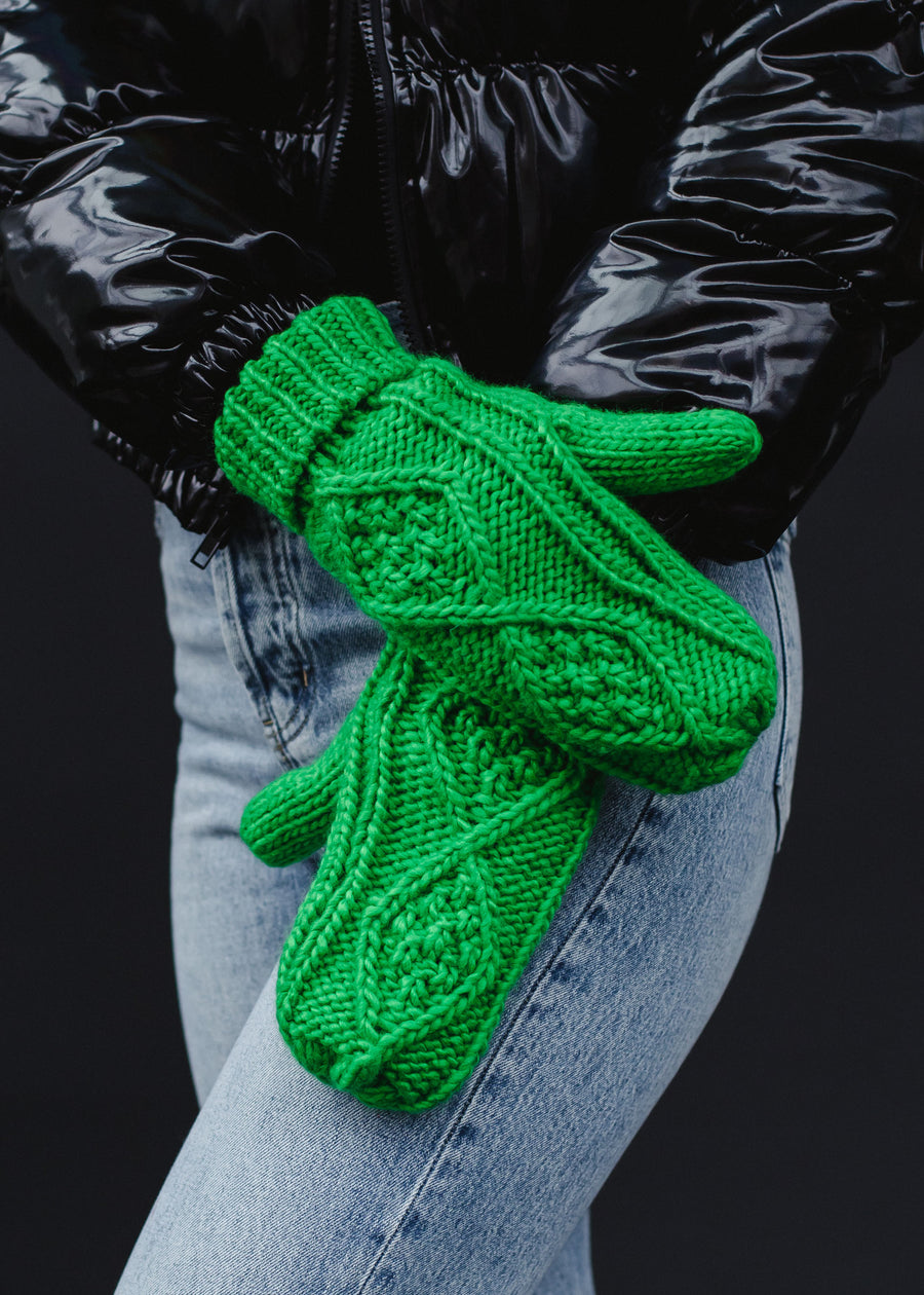bright green cable knit mittens
