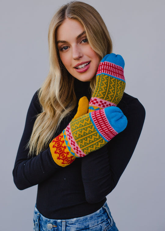 multi colored yellow pink blue mittens