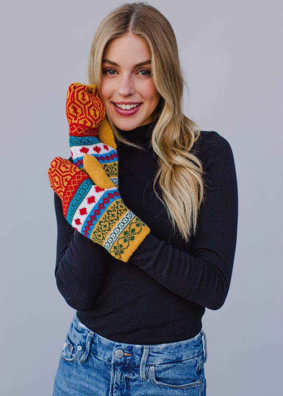 mustard blue and red pattern knit mitten