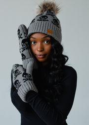 Skull Pattern Pom Hat - Gray