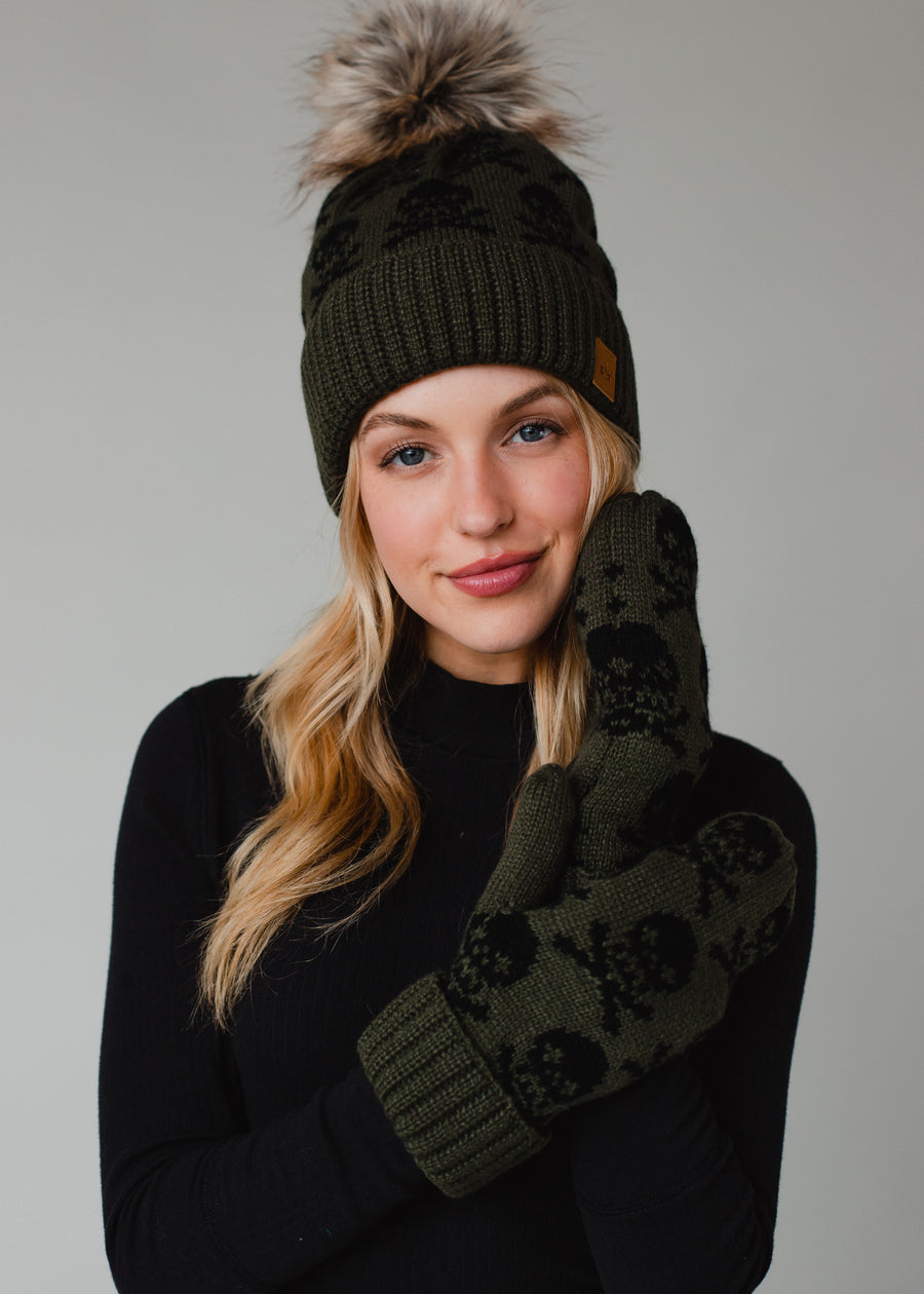 Skull Pattern Pom Hat - Olive