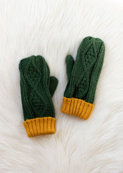 Flat lay of Panache Apparel’s green and gold trim cable knit mittens.