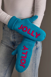 Blue Jolly Knit Mittens in bright blue knit with pink JOLLY embroidery and a soft fleece lining.