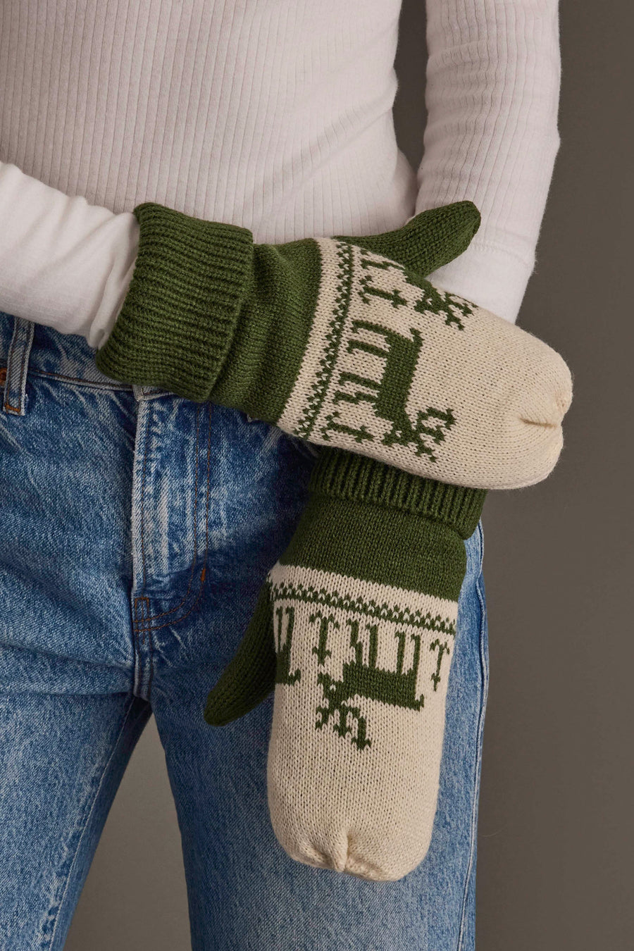 Olive & Beige Deer Patterned Mittens by Panache Apparel Collection in olive green and beige acrylic with a deer pattern.