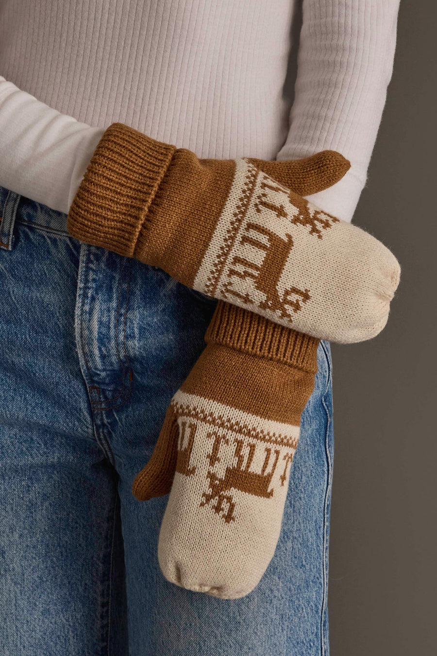 Camel & Beige Deer Patterned Mittens by Panache Apparel Collection in camel and beige knit with a deer and geometric pattern and a warm fleece lining.