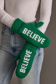 Green Believe Knit Mittens from Panache Apparel Collection: green acrylic knit mittens with the word BELIEVE stitched in white on the back of each hand.