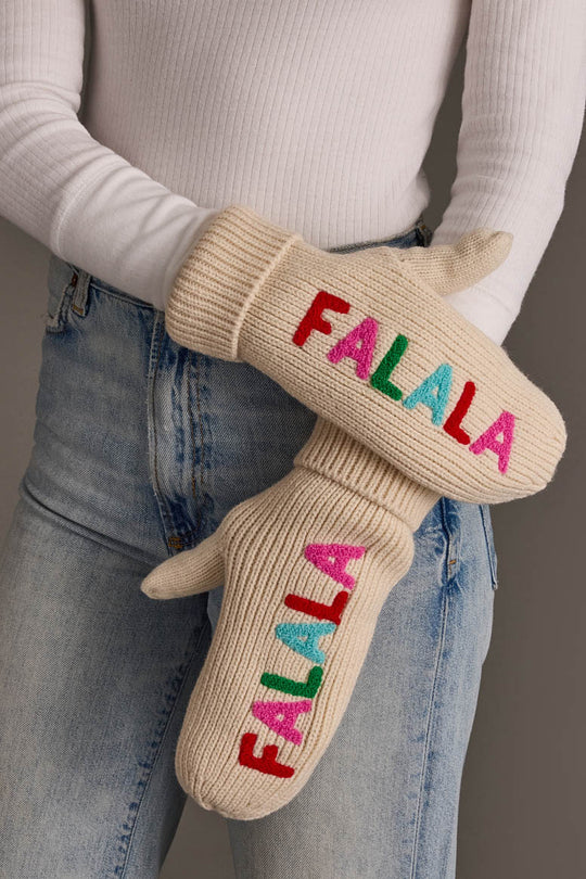 Beige Fa La La Mittens featuring the word FALALA embroidered in colorful lettering.
