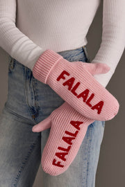 Pink Fa La La Knit Mittens featuring the word FALALA in red letters on each.