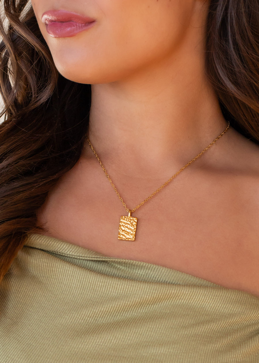 Luxe Gold Necklace with Textured Rectangle Pendant