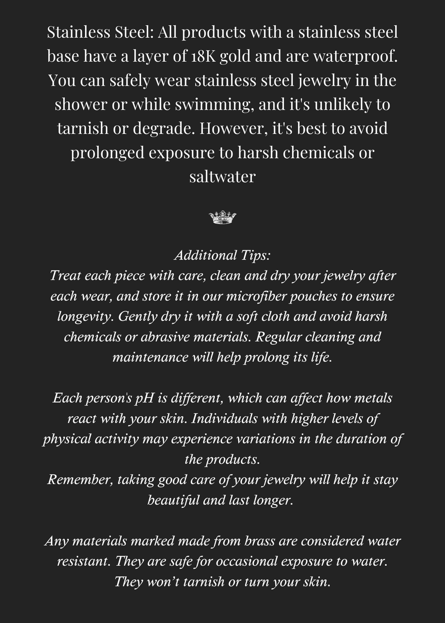 Black background with white text explains how panacheaccessories Luxe Gold Bow Stud Earrings, made from hypoallergenic stainless steel and coated with 18K gold, offer water resistance. Discover cleaning tips and durability for long-lasting shine.