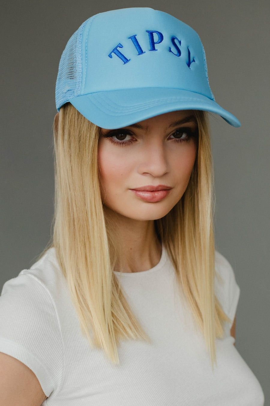 light blue tipsy trucker hat, tipsy trucker hat, light blue trucker hat, monochromatic trucker hat, women's trucker hat
